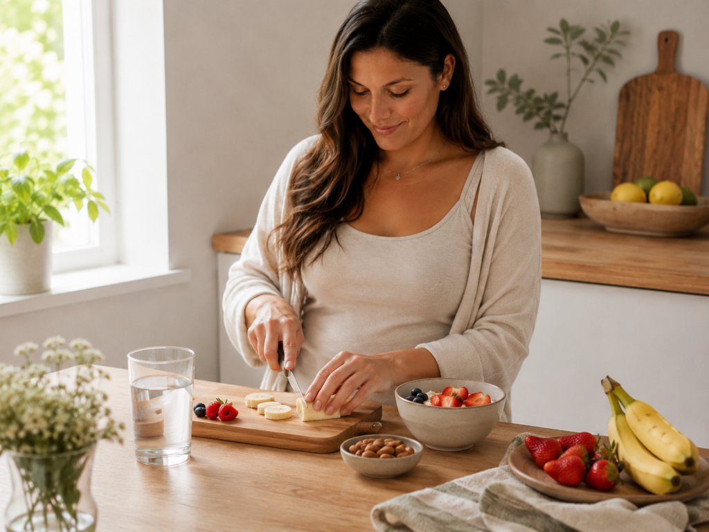 Femme préparant un repas simple et équilibré avant une grossesse