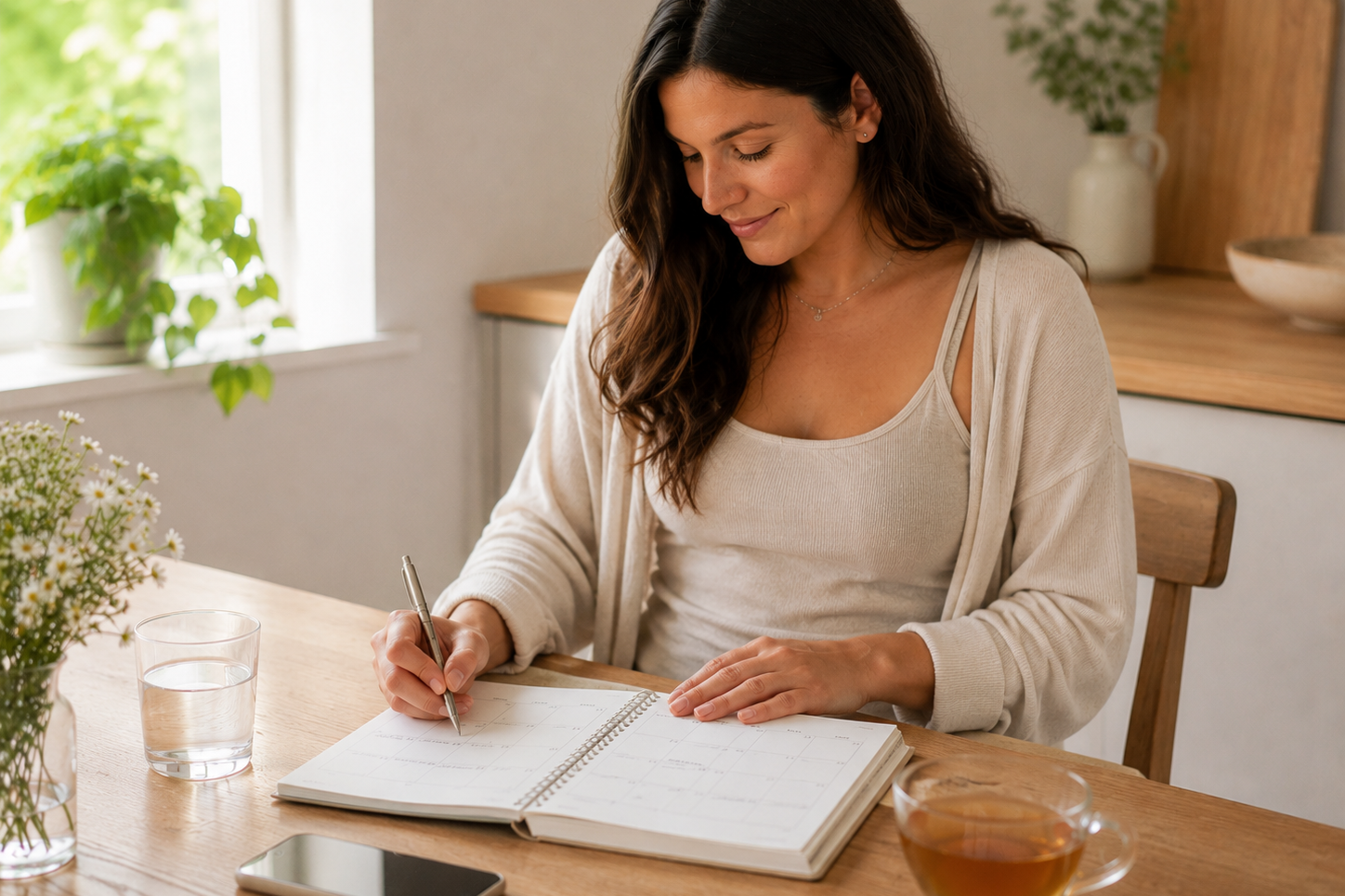 Femme préparant un rendez-vous préconceptionnel dans un agenda